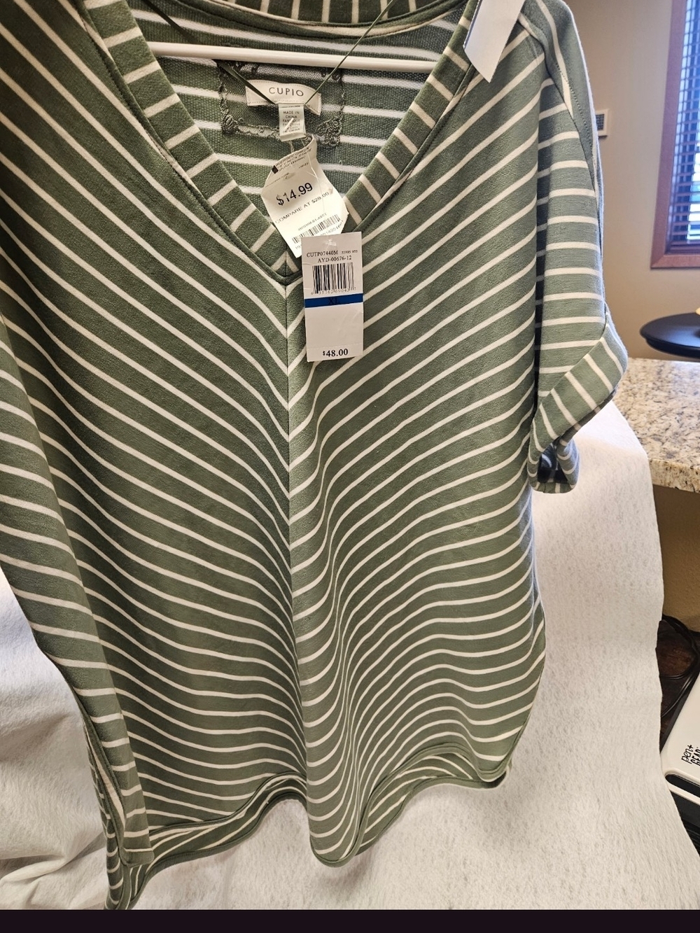 Cupio Olive Green & White Striped V-Neck Short Sleeve Top
